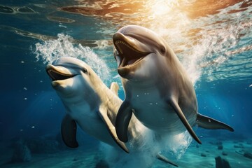 Underwater dolphin playing reef. Generate Ai