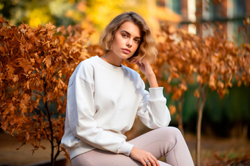 Female model wearing white sweatshirt sitting on dry leaves against the background of a park with colorful trees