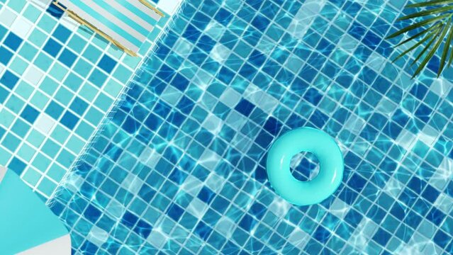 Top view of blue swimming pool with transparent water and swimming buoys. 3d animation for advertising, summer vacation concept.