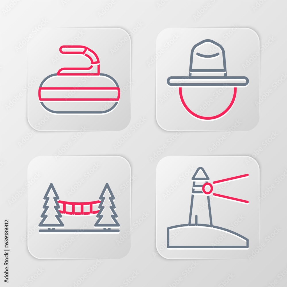 Wall mural Set line Lighthouse, Capilano Suspension Bridge, Canadian ranger hat and Stone for curling icon. Vector