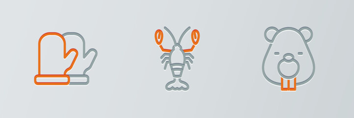 Set line Beaver animal, Christmas mitten and Lobster icon. Vector