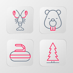 Set line Canadian spruce, Stone for curling, Beaver animal and Lobster icon. Vector