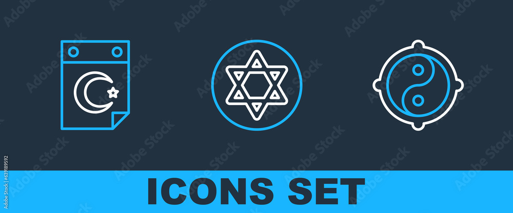 Sticker Set line Yin Yang, Star and crescent and of David icon. Vector