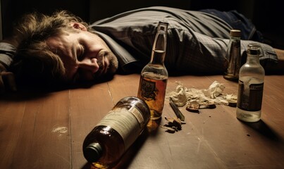 man lying down drinking a bottle of alcohol - obrazy, fototapety, plakaty