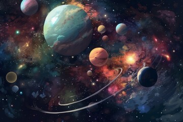 Vibrant space planets. Generate Ai