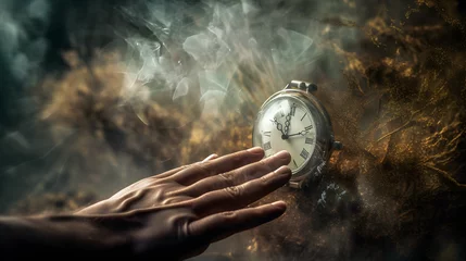 Foto op Canvas Abstract concept of time, a person reaching out to touch a shimmering veil, beyond which are fragmented glimpses of different eras, capturing the elusive nature of memories and moments © pengpatterns
