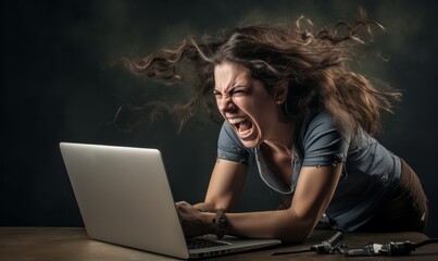 Woman ranting on a laptop computer about internet - obrazy, fototapety, plakaty