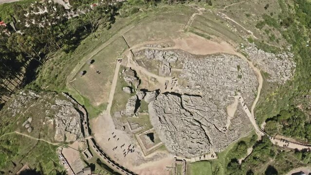 Archaelogical Qenqo. Strange and weird rock structures. Neighborhoods Cusco City. Aerial view
