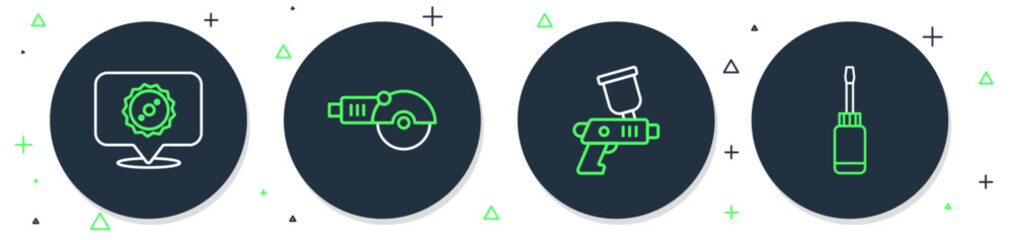 Set line Angle grinder, Paint spray gun, Circular saw blade and Screwdriver icon. Vector