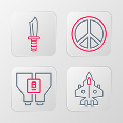 Set line Jet fighter, Binoculars, Peace and Military knife icon. Vector