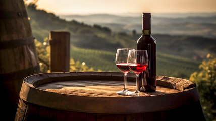 A bottle of red wine and glasses stand on a wooden barrel against the backdrop of mountains. Banner. - obrazy, fototapety, plakaty