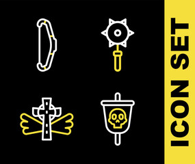 Set line Medieval chained mace ball, Pirate flag, Christian cross and bow icon. Vector