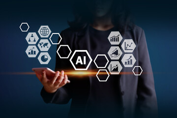 AI technology business people writing business plan and network global business structure concept.