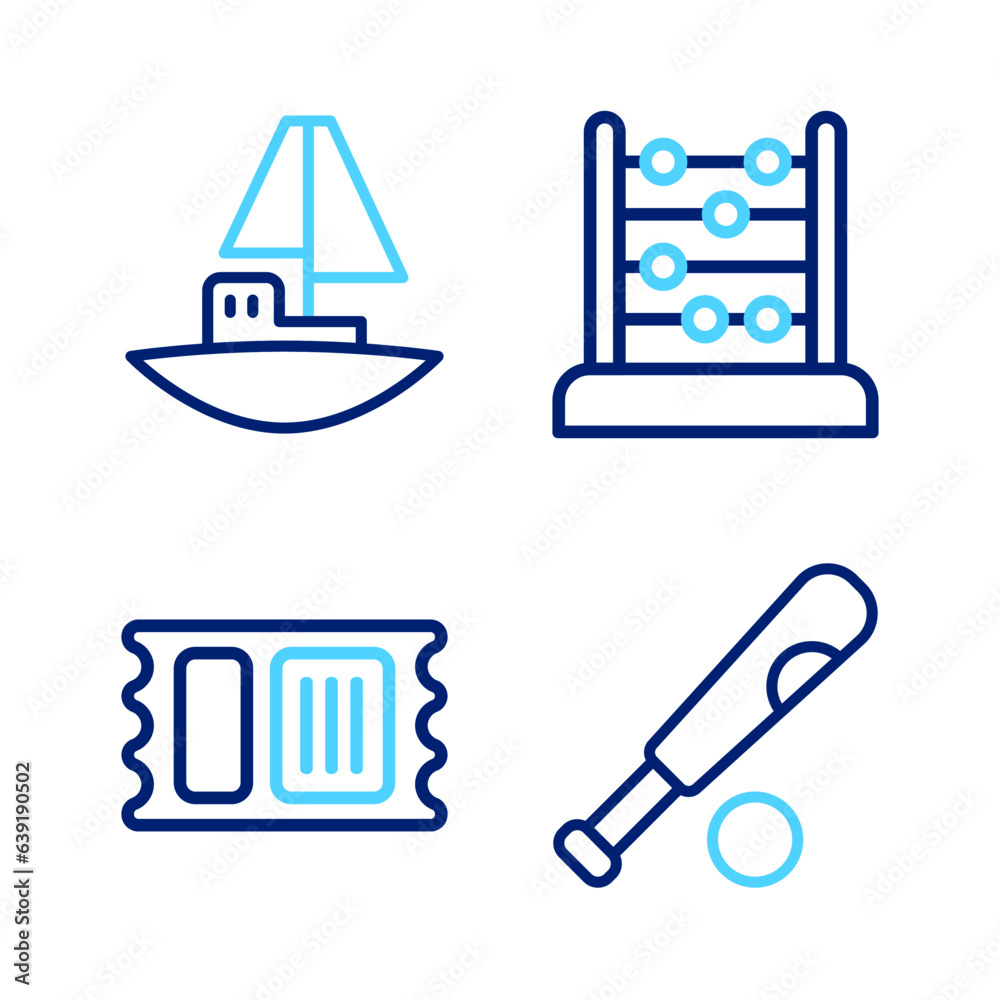 Sticker set line baseball bat with ball, circus ticket, abacus and toy boat icon. vector