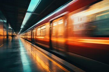 Fototapeta premium subway station in the night with a metro moving with orange and yellow light