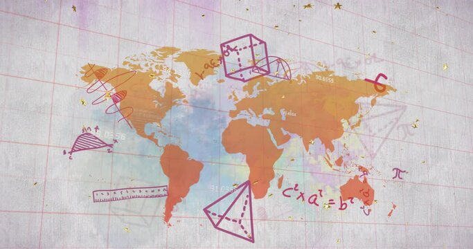 Animation of mathematical equations and diagrams with school supplies over map