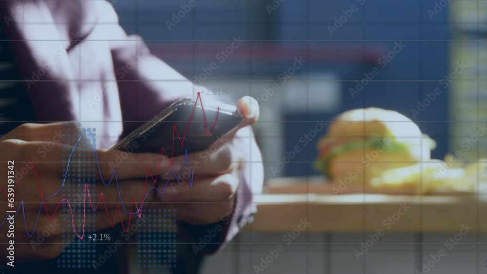 Poster animation of multiple graphs with changing numbers, biracial man using cellphone at cafeteria