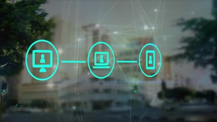 Animation of flowchart of icons over connected dots, time lapse of people walking against buildings - Powered by Adobe