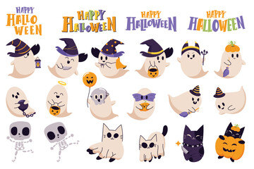 Happy Halloween day vector set. Collection of ghost characters, doodle smile face, pumpkin, skull, cupcake, hamburger, cauldron, worm. Cute retro groovy hippie design for decorative, sticker.