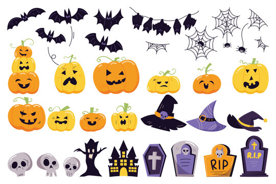 Happy Halloween day vector set. Collection of ghost characters, doodle smile face, pumpkin, skull, cupcake, hamburger, cauldron, worm. Cute retro groovy hippie design for decorative, sticker.