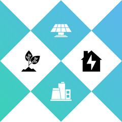 Set Plant, Factory, Solar energy panel and House and lightning icon. Vector