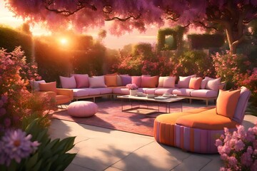 a serene 3D rendering of a small garden at sunset, featuring sofas and chairs bathed in warm and inviting hues.