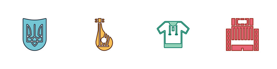 Set Ukrainian trident, Bandura, Embroidered shirt and Hotel Ukraina building icon. Vector