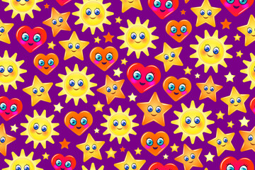 Seamless cartoon pattern. Endless repeating seamless pattern with smiling hearts, suns, and stars. Happy, positive, childish design.