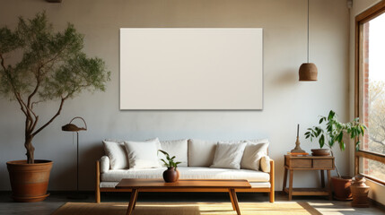 Mock up poster frame in living room interior, 3d render.