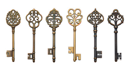 Different old ancient keys isolated on white created with Generative AI