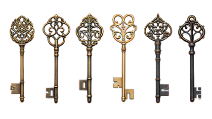Different old ancient keys isolated on white created with Generative AI
