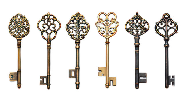 Different old ancient keys isolated on white created with Generative AI