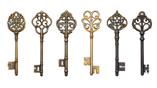 Different old ancient keys isolated on white created with Generative AI