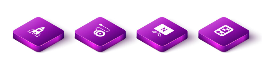 Set Isometric Rocket ship toy, Yoyo, Smart Tv and Tetris electronic game icon. Vector