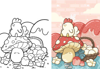 A chicken sat on a mushroom in the cottage with its eggs - Illustration for kids books, gift card and coloring book - Kawaii style
