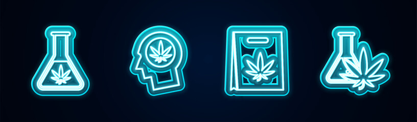 Set line Test tube with marijuana, Head in profile, Shopping bag and . Glowing neon icon. Vector