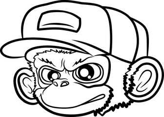 Monkey head wearing hat line art vector