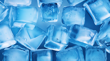 Ice cubes bluish background. Frozen water. Cold fresh concept. Generative AI