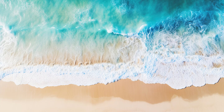 Top view oncoast with ocean waves. Blue water background. Summer seascape from air. Generative AI