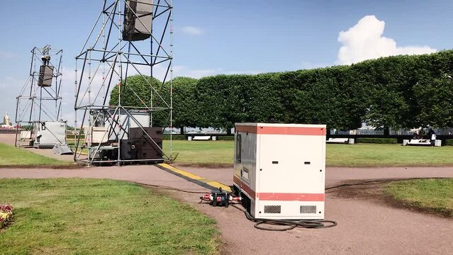 Electricity generator diesel portable uninterruptible power supply for equipment for filming a movie, theater, scenes, events on the street.