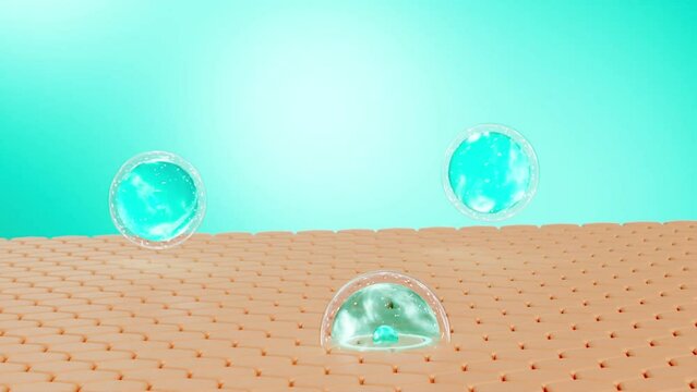 The three transparent blue bubbles represent the drops of essence falling to the surface of the epidermis and penetrating. Scene for advertising cosmetics, even skin tone and whitening. 3d animation