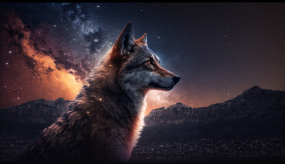 wolf on the background of the starry sky. Generative AI - obrazy, fototapety, plakaty