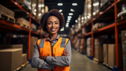 Arms crossed. African american woman is in the warehouse. Beautiful illustration picture. Generative AI