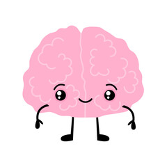Happy brain character. Cartoon cute smiling brain with face. Internal human organs. Stock vector illustration isolated on white background.