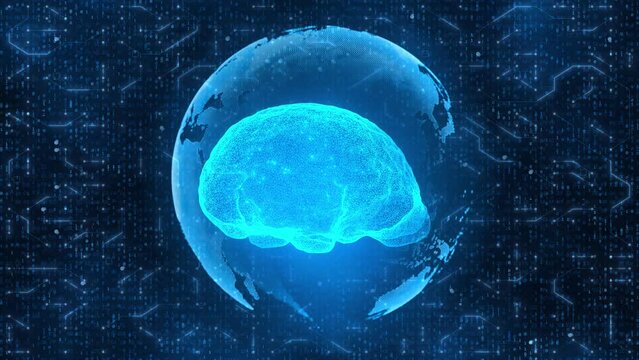 Digital Animation of Brain Inside Globe on Abstract Circuit Board with Computer Binary Numbers