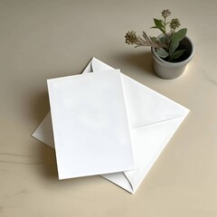 A white sheet of paper, a blank sheet of paper, and an envelope and a flower in a pot.
