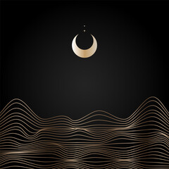 Golden linear abstract mountains on dark background, Moon over wavy linear hills backdrop. Asian motifs. Vector banner.