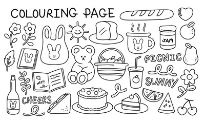 Picnic colouring book for kids and adults with black outlines of bread, jam, sandwich, apple, hot drink, flowers, tote bag, cake, juice, cherry, watermelon, diary book, sun, champagne. Colouring pages