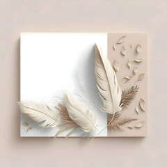 White blank card with decorated feathers on a light background.
