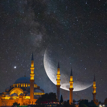 Suleymaniye Mosque and crescent moon with milky way